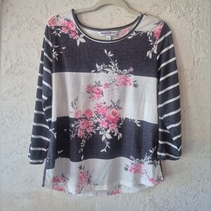 Rebecca Malone Floral Striped Top - Pink, White, Black